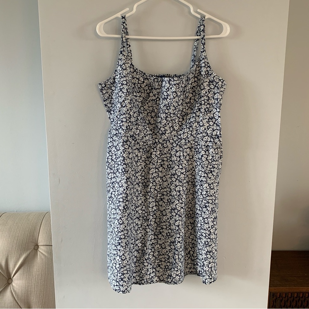 Linen Dress Above Knee Mini Sleeveless Scoop Neck Floral Blue White Size XL